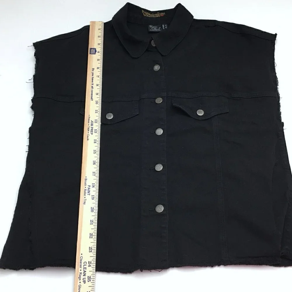 NEW Women With Control Black Denim Vest Sleeveless Button Front Stretchy Large
